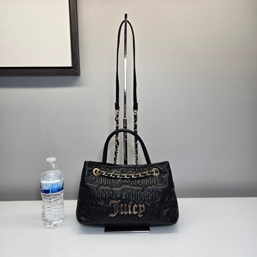 Juicy Couture Quilted Embossed Logo Satchel Crossbody Bag Black McBling Y2K Glam